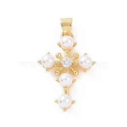 Brass Micro Pave Cubic Zirconia Pendants, with ABS Imitation Pearl, Religion Cross Charm, Golden, 25x16x5mm, Hole: 3.5x5mm(KK-G460-05G)