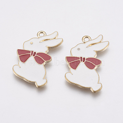 Zinc Alloy Enamel Bunny Pendants, Rabbit, Golden, White, 32x23x1.5mm, Hole: 2mm(PALLOY-I124-29G)