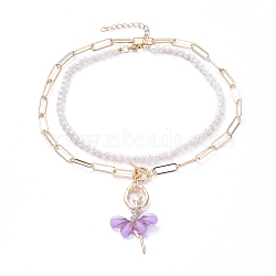 Pendant & Beaded Necklaces Sets, with Natural Pearl, Alloy Resin Pendants, Iron Paperclip Chains, 304 Stainless Steel Lobster Claw Clasps & Toggle Clasps, Ballet Girl, Violet, 17.44 inch(44.3cm), 13.3 inch~14.88 inch(33.8~37.8cm), 2pcs/set(NJEW-JN02783-04)