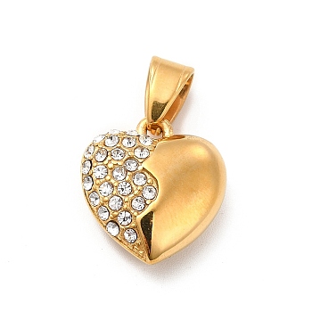 304 Stainless Steel Pendants, with Crystal Rhinestone, Heart Charms, Golden, 18.5x17x7.5mm, Hole: 7x4.5mm