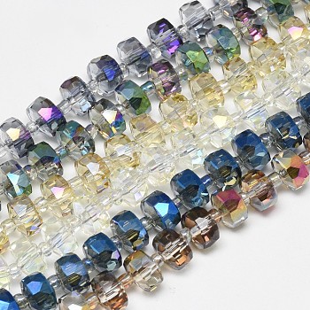 Electroplate Glass Beads Strands, Rainbow Plated, Faceted, Flat Round, Mixed Color, 7~8x5mm, Hole: 1mm, about 78~80pcs/strand, 20.86~21.65 inch(53~55cm)