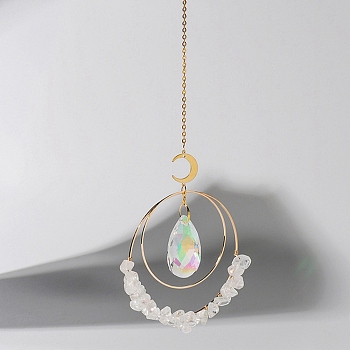 Electroplate Glass Teardrop Window Hanging Suncatchers, Natural Quartz Crystal Chips & Golden Brass Moon Pendants Decorations Ornaments, 330x85mm