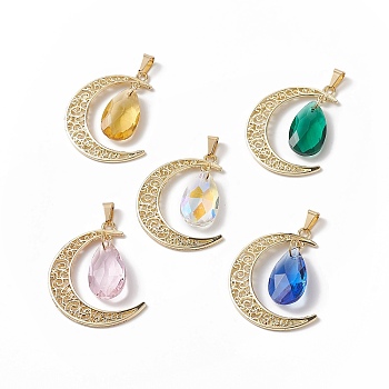 Alloy Pendants, with Faceted Glass Teardrop, Crescent Moon Charm, Mixed Color, 40.5x35x7mm, Hole: 7x3.5mm