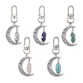 Natural & Synthetic Gemstone Pendant Decorations, Tibetan Style Alloy Moon and Swivel Clasps, Antique Silver, 74mm