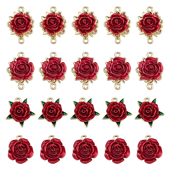 DIY Jewelry Making Finding Kit, Including 32Pcs 4 Style Alloy Pendants & Connector Charms, Rose Flower, Red, 15~22.5x14.5~17.5x6.5~8mm, Hole: 1.5~1.6mm, 8Pcs/style