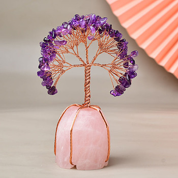 Natural Amethyst Chips Tree of Life Decorations, Rose Quartz Base with Copper Wire Feng Shui Energy Stone Gift for Home Office Desktop Decoration, 150mm