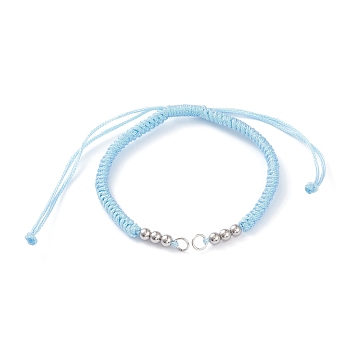 Adjustable Braided Polyester Cord Bracelet Making, with 304 Stainless Steel Jump Rings and Smooth Round Beads, Sky Blue, Single Chain Length: about 6-1/2 inch(16.5cm)