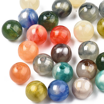 Opaque Acrylic Beads, Two Tone Color, with Glitter Powder, Round, Mixed Color, 11.5x11mm, Hole: 2mm