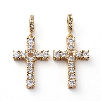 Brass Micro Pave Clear Cubic Zirconia Pendants, Long-Lasting Plated, Cross, Golden, 32.5mm, Hole: 5mm, Cross: 24x16x4mm