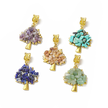 Natural & Synthetic Mixed Gemstone Chip European Dangle Charms, Tree of Life Charms, Large Hole Pendant, with Antique Golden Plated Alloy Findings, Mixed Dyed and Undyed, 40.5mm, Pendant: 28x23.5x6~7mm, Hole: 5mm