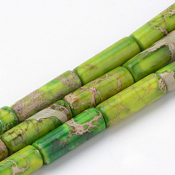 Synthetic Imperial Jasper Beads Strands, Dyed, Column, Green Yellow, 12~14x4~5mm, Hole: 1mm, about 30pcs/strand, 15.7 inch.