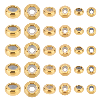 30Pcs 3 Style 202 Stainless Steel Beads, with Rubber Inside, Slider Beads, Stopper Beads, Rondelle, Golden, 6~10x3~5mm, Hole: 3~5mm, Rubber Hole: 2~3.5mm, 10pcs/style