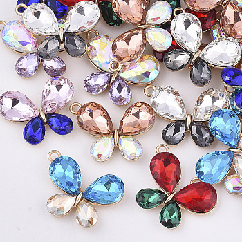Alloy Pendants, with Rhinestone, Butterfly, Light Gold, Mixed Color, 21x28.5x6mm, Hole: 2mm