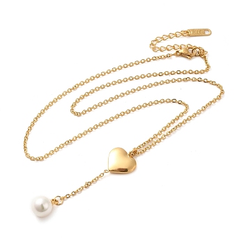 Vacuum Plating 304 Stainless Steel Heart Pendant Lariat Necklace, with Natural Shell, Golden, 15.75 inch(40cm)