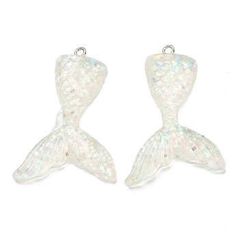(Defective Closeout Sale: Yellowing), Resin Pendants, with Glitter Powder and Iron Findings, Mermaid Tail Shape, Platinum, White, 43x30.5x6mm, Hole: 1.8mm