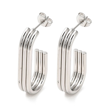 202 Stainless Steel Oval Stud Earrings, Half Hoop Earrings with 304 Stainless Steel Pins, Stainless Steel Color, 29.5x6mm