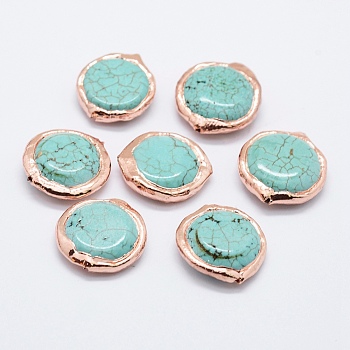Edge Rose Gold Plated Dyed & Heated Natural Howlite Beads, Flat Round, 22~23x19~21x6~7mm, Hole: 1mm