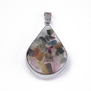 Natural Tourmaline Pendants, with Glass and 304 Stainless Steel Findings, teardrop, Stainless Steel Color, 26.5~27x17~17.5x6.5~7mm, Hole: 3x5.5mm
