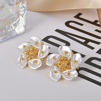 Flower Brass Stud Earring, with Plastic Pearl, for Women, White, Real 22K Gold Plated, 24x24mm