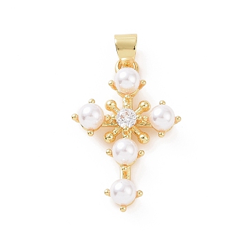Brass Micro Pave Cubic Zirconia Pendants, with ABS Imitation Pearl, Religion Cross Charm, Golden, 25x16x5mm, Hole: 3.5x5mm