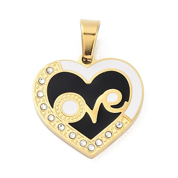 304 Stainless Steel Charms, with Rhinestone and Enamel, Real 18K Gold Plated, Heart, Black, 21.5x21.5x2mm, Hole: 6.5x4mm