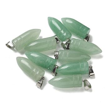 Natural Green Aventurine Pointed Pendants, Bullet Shaped Charms with 201 Stainless Steel Snap on Bails, Stainless Steel Color, 29.5x10mm, Hole: 4x7mm