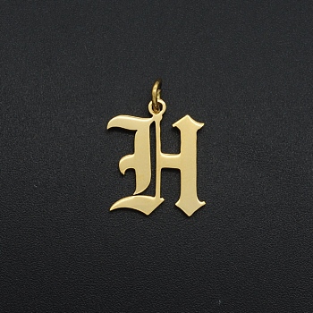 201 Stainless Steel Pendants, with Jump Ring, Old English, Letter, Laser Cut, Golden, Letter.H, 16.5x13.5x1mm, Hole: 3mm