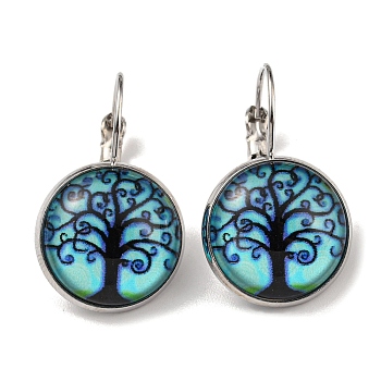 Tree of Life Glass Leverback Earrings with Brass Earring Pins, Pale Turquoise, 29mm