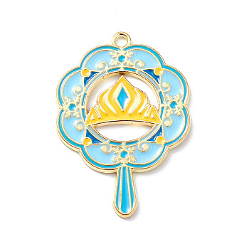 Alloy Enamel Pendants, Light Gold, Magic Fan with Crown Charm, Turquoise, 38x26x1.5mm, Hole: 2mm