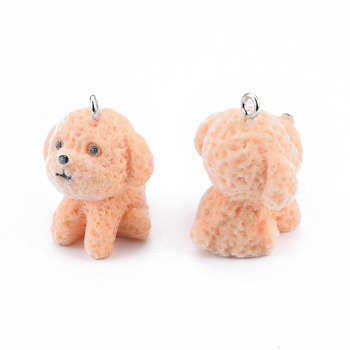 Opaque Resin Pendants, with Platinum Tone Iron Loops, Flocky Dog Charms, PeachPuff, 30.5~31.5x23.5x23mm, Hole: 2.5mm