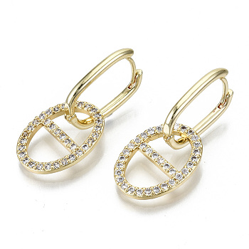 Brass Micro Pave Clear Cubic Zirconia Huggie Hoop Earring, Oval, Golden, 35mm, Pin: 1mm