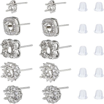 5 Pairs 5 Styles Brass Stud Earring Findings, 6 Claws Blank Earring Post, with Plastic Ear Nuts, Mixed Shapes, 7.5x5mm, Pin: 12mm, 1 pair