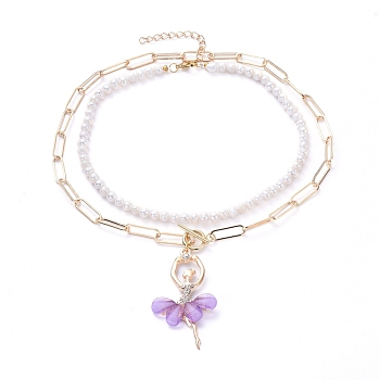 Pendant & Beaded Necklaces Sets, with Natural Pearl, Alloy Resin Pendants, Iron Paperclip Chains, 304 Stainless Steel Lobster Claw Clasps & Toggle Clasps, Ballet Girl, Violet, 17.44 inch(44.3cm), 13.3 inch~14.88 inch(33.8~37.8cm), 2pcs/set