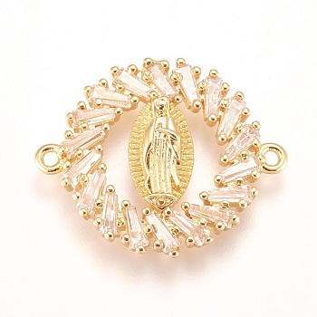 Brass Micro Pave Cubic Zirconia Links, Flat Round with Guan Yin, Goddess of Mercy, Clear, Golden, 17.5x22x2.5mm, Hole: 1mm