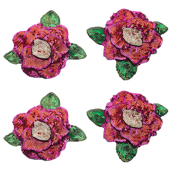 4Pcs Flower Paillette Cloth Sew on Appliques, Sewing Craft Decoration, Ornament Accessories, FireBrick, 110x100x4mm
