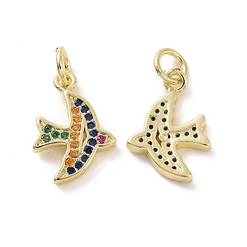 Brass Micro Pave Cubic Zirconia Charms, with Jump Ring, Real 18K Gold Plated, Bird, Colorful, 15x10x2mm, Jump Ring: 5x0.8mm, Inner Diameter: 3.2mm