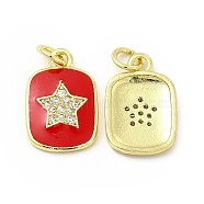 Brass Micro Pave Cubic Zirconia Pendants, with Enamel & Jump Ring, Rectangle with Star Charm, Golden, Red, 16x11x2mm, Hole: 2.5mm(KK-E068-VB444-2)