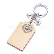 Wood Keychain, with Brass Split Key Rings and Alloy Pendants, Rectangle with Anchor & Compass & Helm, Wheat, 126mm, Rectangle: 68x38.5x2mm, Anchor: 18x15x2mm, Compass: 29x25x3mm, Helm: 21x16x2.5mm(KEYC-JKC00187)