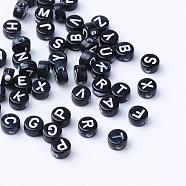Craft Acrylic Horizontal Hole Letter Beads, Flat Round, White, Mixed, 6~7x3.5~4mm, Hole: 2mm, about 3600pcs/500g(SACR-S201-07)