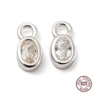Real Platinum Plated Rhodium Plated 925 Sterling Silver Charms, with Clear Cubic Zirconia, with S925 Stamp, Oval, 6x3x2mm, Hole: 1.2mm(STER-K176-03C-P)