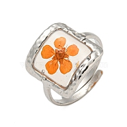 Brass Adjustable Rings for Women, Cadmium Free & Lead Free, with Epoxy Resin & Dried Flower inside, Platinum, Square, 15mm, Inner Diameter: 17mm(RJEW-G265-10P-B02)