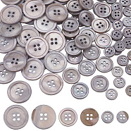 Elite 3 Style Natural Shell Buttons, 4-Hole, for Garment Accessories, Flat Round, Gray, 10~20x2~2.3mm, Hole: 1~1.8mm, 100pcs/box(BUTT-PH0001-21)