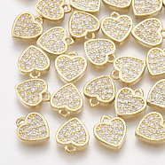 Brass Cubic Zirconia Charms, Heart, Clear, Real 18K Gold Plated, 7.5x6.5x1.5mm, Hole: 0.8mm(KK-T035-31)