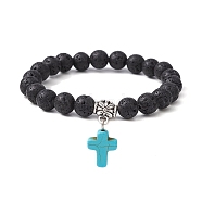 Natural Lava Rock Round Beaded Stretch Bracelet, with Synthetic Turquoise Cross Charms, Turquoise, Inner Diameter: 2-1/8 inch(5.5cm)(BJEW-JB09744-01)