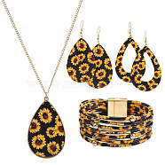 Sunflower Pattern Imitation Leather Teardrop Pendant Necklace & Dangle Earrings & Multi-Strand Bracelet, Golden Alloy Jewelry Set for Women, Dark Orange, 850mm, 78x37mm, 80x39mm, 192mm In Diameter(JX529A)