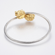 304 Stainless Steel Torque Bangles, Lion, Golden & Stainless Steel Color, 56mm(2-1/4 inch)(BJEW-H570-05GP)
