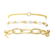 3Pcs 3 Style Aluminium Paperclip & Brass Curb & Imitation Pearl Acrylic Beaded Link Chain Bracelets Set, Stackable Bracelets, Golden, 7~7-5/8 inch(17.7~19.3cm), 1Pc/style(BJEW-FS0001-08)