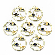 Chinese Style Alloy Pendants, with Enamel, Flat Round with Cloud, Cadmium Free & Lead Free, Gold & Black, Light Gold, 30x27x1.5mm, Hole: 1.8mm(RESI-R431-05-RS)