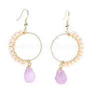 Faceted Teardrop Natural Amethyst Dangle Earrings, with Natural Pearl Beads and Brass Earring Hooks, Golden, 62mm, Pin: 0.8mm(EJEW-JE04385-04)