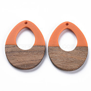 Opaque Resin & Walnut Wood Pendants, Two Tone, Teardrop, Dark Orange, 37x28.5x3mm, Hole: 2mm(RESI-T035-37E)